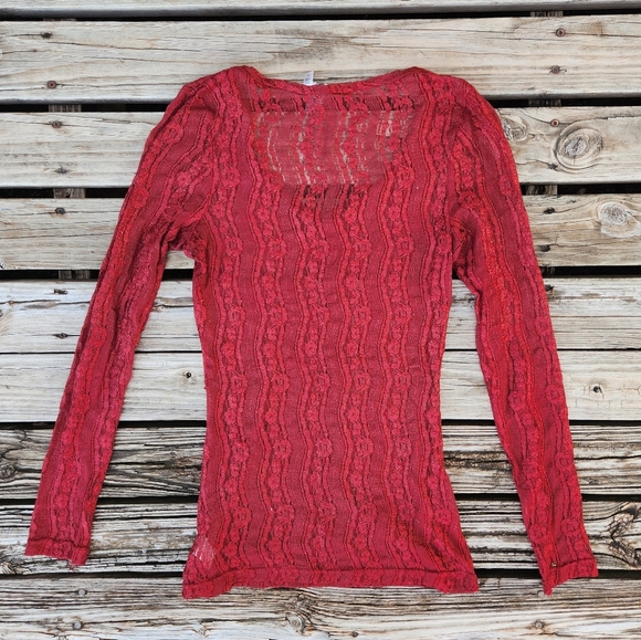 Bke Lace Shimmer Sheer Top V-Neck  Red Gold Small Holiday Fitted Christmas - Picture 3 of 3